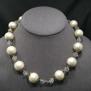 Vintage Glass Pearls Crystal Beaded Necklace, Silver Clasp, Strung on Wire, 17"